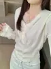 Top de punto con cuello en V de encaje, estilo Pura Pasión, para mujer, de punto, de un solo botón, manga larga, capa base para otoño e invierno, elegante y juvenil