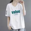 Camiseta de Manga Curta para Mulheres para Comércio Exterior Transfronteiriço, Gola V, Verão, Branca, Versátil, Solta, Estampada, Novo Estilo, Tamanho Grande, Top Casual