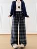 Pantalones de Lana a Cuadros de Pierna Ancha Estilo Perezoso para Mujer, Primavera y Otoño, Cintura Alta Relajada, Adelgazantes, Versátiles, de Pierna Recta, Casuales, de Largo hasta el Suelo