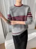 2025 Novo Outono e Inverno Lã Pura Sete Agulhas Engrossado Gola Redonda Tricô Manga Longa Listras Coloridas Pulôver Camiseta Básica