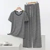 Conjunto de Calça Pantalona de Manga Curta com Gola Redonda e Listras de Verão para Casa Conjunto de Duas Peças Casual Amplo Plus Size Feminino Pode Ser Usado na Rua