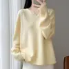 Nuevo Otoño/Invierno 100% Lana Encaje Cuello V Tejido Manga Larga Mujer Color Sólido Holgado Jersey Capa Base