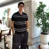 Camiseta Polo de Malha Listrada Color-Block Estilo Old Money de Fábrica Cor Clara Luxo Leve Manga Curta para o Dia a Dia High-End Macia Respirável Tendência de Verão