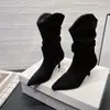 Botas de tacón de aguja plisadas de estilo vintage para mujer, de media pantorrilla, para otoño e invierno, botas de montar de punta alta hasta la rodilla, botas de tacón de bloque con corte en V