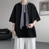Camiseta Britânico-Coreana com Laço de Manga Curta para Homens, Tendência de Verão Tamanho Grande Caimento Solto para Pessoas Altas e Fortes, Top de Meia-Manga Nicho