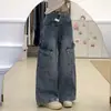 Calça Jeans Cargo Retrô Americana para Mulheres com Design Dividido, Cintura Alta, Estilo Novo, Multi-Bolsos, Calça Reta Larga Solta