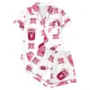 Conjunto de Pijama Cardigan Rosa de Seda Leite Transfronteiriço Europeu e Americano para Mulheres, Shorts de Manga Curta, Roupa de Casa Confortável e Respirável Conjunto Casual