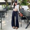 Novedad Otoño Azul Oscuro Casual Americano Jeans de Pierna Recta Primavera y Otoño para Mujer Cintura Alta Sueltos Casual Pantalones de Pierna Ancha