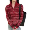 Cardigã Feminino Fair Isle com Zíper Duplo Gola Meia-Alta Color Block Pulôver Suéter de Manga Longa Macio Grudando na Pele Amigável à Pele Moda Versátil
