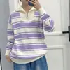Suéter de Punto con Cremallera, Cuello de Solapa y Rayas Contrastantes, Nuevo Estilo Otoño e Invierno 2026, Holgado y Versátil, Suéter Pulóver de Estilo Relajado para Mujer