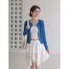 Cardigan Suéter Azul Gola Redonda Feminino 2026 Novo Estilo Jaqueta de Tricô Trançado Outono Estilo Coreano Top Peça de Exterior Pequena