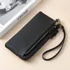 Carteira Feminina Longa com Alça de Pulso Personalizada, Bolsa de Mão em Couro Granulado, Zíper de Três Camadas, Bolsa Grande para Celular para Mulheres