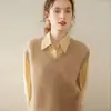 Colete de tricô de caxemira com gola V, ponto de lingote, espesso, sem mangas, em camadas, estilo elegante artístico para o trabalho, outono e inverno, colete feminino