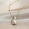 Colar Cao Shi Brilhante Estilo Francês, Pingente Redondo Geométrico de Pérola de Imitação, Estilo Empilhado com Zircônia Microincrustada