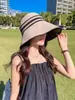 Chapéu de Sol de Palha Vazio Listrado de Verão para Mulheres, Chapéu de Sol Preto de Borracha com Proteção Solar, Chapéu Grande para Saída com Proteção UV para Rosto