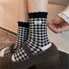 Calcetines retro de cuadros y encaje hasta la mitad de la pantorrilla para mujer, otoño e invierno, tela suave con patrón de huevo, estilo preppy, cuadros japoneses, calcetines de algodón esponjosos