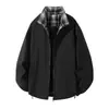 Chamarra de color liso con cuello alto de doble vista y detalle de cuello a cuadros tela ligera primavera y otoño unisex chamarra casual simple