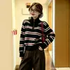 Cárdigan de punto a rayas nuevo transfronterizo para mujer, otoño e invierno, suelto, adelgazante, versátil, suéter, chaqueta con cremallera, top