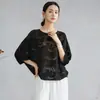 Top Minimalista de Seda de Morera 100% Jacquard Estilo Nacional Translúcido Difuminado con Mangas Murciélago de Media Manga para Mujer Verano