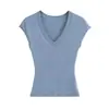 Top de punto sexy y seductor color mojito con cuello en V y mangas acampanadas pequeñas, camiseta versátil de verano de ajuste ceñido con costillas verticales para ceñir la cintura