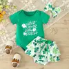 Roupas infantis Dia de São Patrício 2024 primavera e verão novo macacão de bebê menina com estampa de trevo e short de manga curta