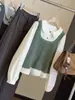 Camisa feminina estilo colegial color blocking com gola Peter Pan doce, novo estilo outono versão coreana elegante com babados que rejuvenescem, top falso de duas peças