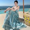 Azul Claro Elegante Vestido de Gola V Feminino Verão Estilo Boho Férias Sexy Costas Nuas Bordado Saia Longa