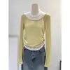 Blusa Feminina Manga Longa Color-Blocking Falsa de Duas Peças para a Primavera de 2026, Blusa Base Ajustada ao Corpo com Cintura Franzida, Top Camiseta Estilo Puro Desejo