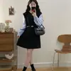 Vestido Midi de Manga Comprida com Patchwork Colorido para Primavera e Outono, Estilo Executivo, Falso Duas Peças, Esconde a Barriga, Emagrecimento, Marcação da Cintura, Corte Evasê