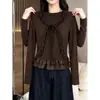 Top Retro Color Café Talla Grande con Volantes y Cordones Falso Dos Piezas para Mujer Otoño Volante Manga Larga Adelgazante Camiseta