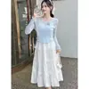 Traje de Vestido Blanco con Tirantes de Punto y Cárdigan para Mujer, Nuevo Diseño Primavera 2025, Traje con Efecto Adelgazante