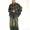 Camisa a cuadros de dos colores de marca de moda para hombre y mujer, estilo retro americano, holgada, informal, de manga larga, chaqueta para pareja.