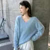 Suéter feminino de lã, suéter com forro de fleece, suéter de malha liso de caimento solto para outono e inverno, segunda pele, top de cashmere, estilo moderno, fabricante