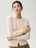 Cardigã de malha de cashmere com blocos de cor estilo francês para outono/inverno, para mulheres, corte solto, efeito emagrecedor, gola redonda, jaqueta suéter com blocos de cor