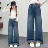 Jeans Largos para Meninas de Crianças Médias e Grandes, Calças Retas de Cintura Alta Comprimento Total, Moda Estilo Coreano Outono Novidades