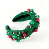 Diadema Navideña Europea Calavera Alta Tela Verde Perla Pedrería Diadema Nudada Accesorios para el Cabello de Festival para Mujer Venta al por Mayor