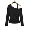 624-25 Nuevo Estilo Otoño Estilo Europeo y Americano Estilo Blogger Ins Bufanda de Hombro Inclinado de Una Línea Camiseta de Fondo Plisada de Manga Larga
