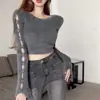Estilo Coreano Chica Caliente Ropa de Otoño Quieres Ser Sexy Capa Base Suave y Lisa Sentido del Diseño Botones Suéter de Punto Roto Top Corto para Mujer