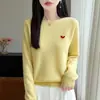 Camiseta base 100% lã pura com gola redonda para mulheres, modelagem solta, top de tricô afina a silhueta, camada interna fina de manga longa com estampa de coração