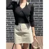 Tallas actualizadas disponibles: Nuevo cárdigan de punto chic coreano con cuello en V y cuello halter, con top de dos piezas falso ajustado