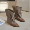Botines Cortos de Moda Vintage para Mujer, Otoño/Invierno 2026, Puntiagudos, con Cordones, de Caña Ancha, Botas Vaqueras de Moda, Botas con Plataforma que Aumentan la Altura