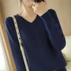 Top Feminino Simples Pequeno Gola V Camiseta Atacado Versátil Emagrecedor Temperamento Camada Base Primavera Outono Manga Longa Preto Feminino Algodão