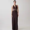 Comercio Exterior Europeo y Americano 2025 Verano Nuevo Elegante Escote en V Profundo Seda Satén Suave Vestido Largo con Costuras Cuello Cintura Vestido Sexy