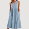 2026 Roupas Femininas Europeias e Americanas de Comércio Exterior Transfronteiriço Amazon Cor Sólida Pulôver Gola V Sem Mangas Algodão Solto Vestido