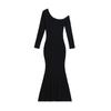 Deseo Puro Vestido de Manga Larga con Cuello Inclinado para Chica Caliente Falda de Cola de Pez Otoño Nuevo Diseño Hombro Descubierto Ajustado Sexy Falda Larga para Mujer
