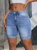 Pantalones de mezclilla elásticos de cintura alta estilo europeo y americano para ciclismo para mujer, nuevo modelo de verano, azul claro, corte ajustado, dobladillo con puño, shorts de mezclilla de longitud media