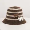 Sombrero de pescador coreano de otoño para mujer, fino, con bloques de color y rayas, de punto de alpaca, con cobertura facial, ligero y transpirable, con cordón y detalle de lazo