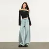 Jeans Americano Retro Azul Claro de Perna Larga para Mulheres, Cobre o Quadril, Realça a Altura, Emagrecimento, Estilo Preguiçoso, Comprimento até o Chão, Calças de Perna Curva para Mulheres