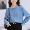 Foto Real # Camisa Jeans de Tencel Fina com Proteção Solar para Mulheres, Corte Solto, Emagrecimento, Camisa Retro Cool para Primavera.