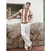 Camiseta de punto de manga corta para hombre, estilo británico desaliñado pero guapo, sensación de alta gama, fina, transpirable, a rayas, conjunto estilo 'old money', ropa para hombre